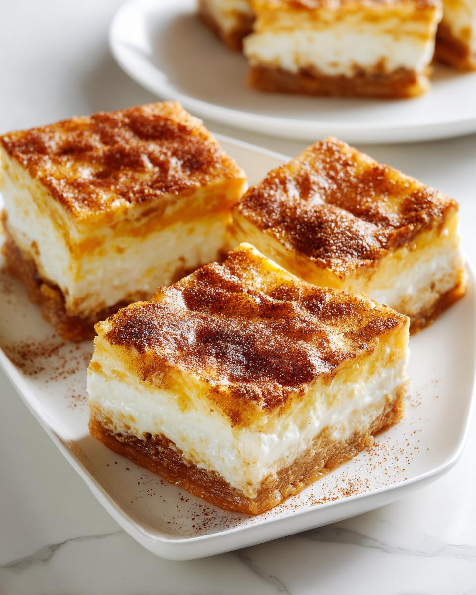Three square slices of Sopapilla Cheesecake Bars with a creamy white filling and cinnamon-sugar topping on a white plate.