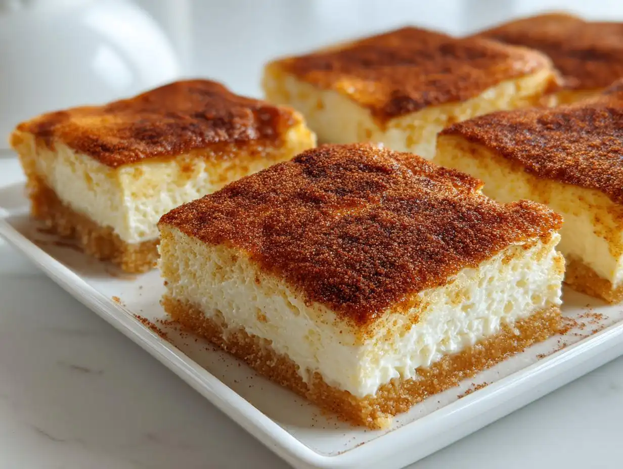 Close-up of several thick, layered Sopapilla Cheesecake Bars topped generously with cinnamon sugar.