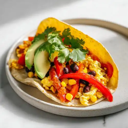 Close-up of a vibrant Southwest Veggie Breakfast Taco filled with scrambled eggs, black beans, corn, red peppers, and avocado slices.