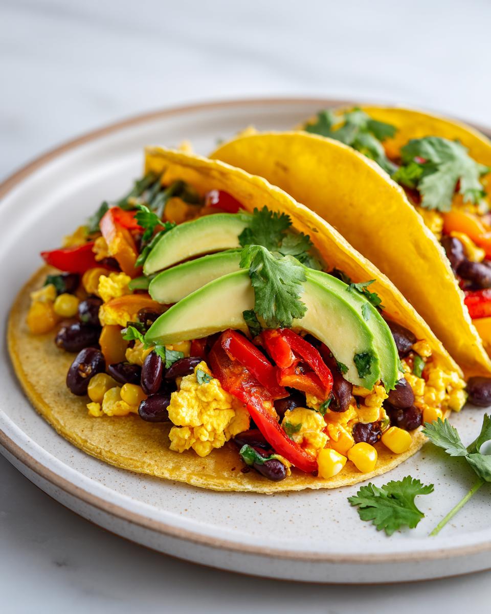Two vibrant Southwest Veggie Breakfast Tacos filled with scrambled eggs, black beans, corn, red peppers, and topped with avocado slices and cilantro.
