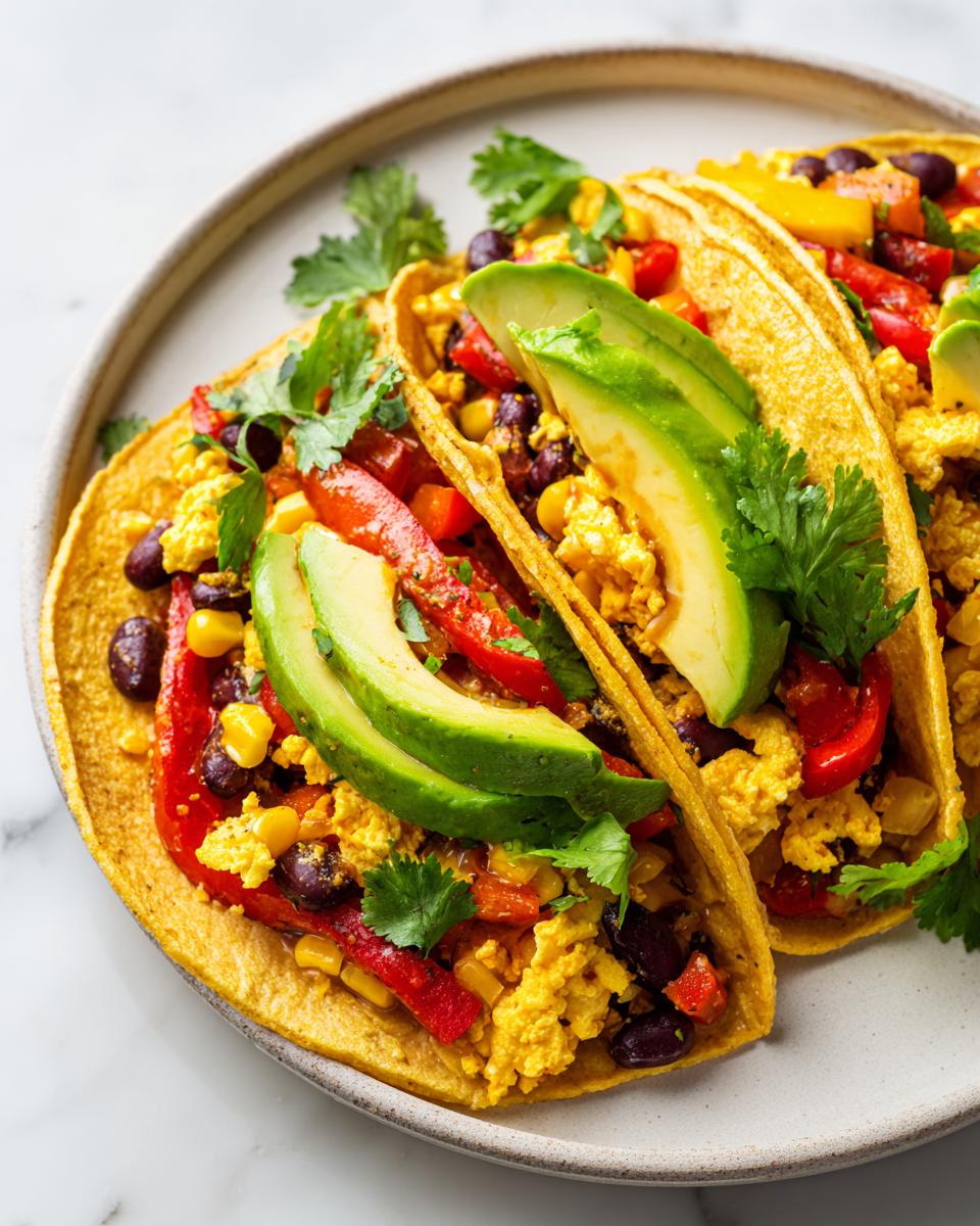 Two vibrant Southwest Veggie Breakfast Tacos filled with scrambled tofu, black beans, corn, red peppers, and topped with fresh avocado slices.