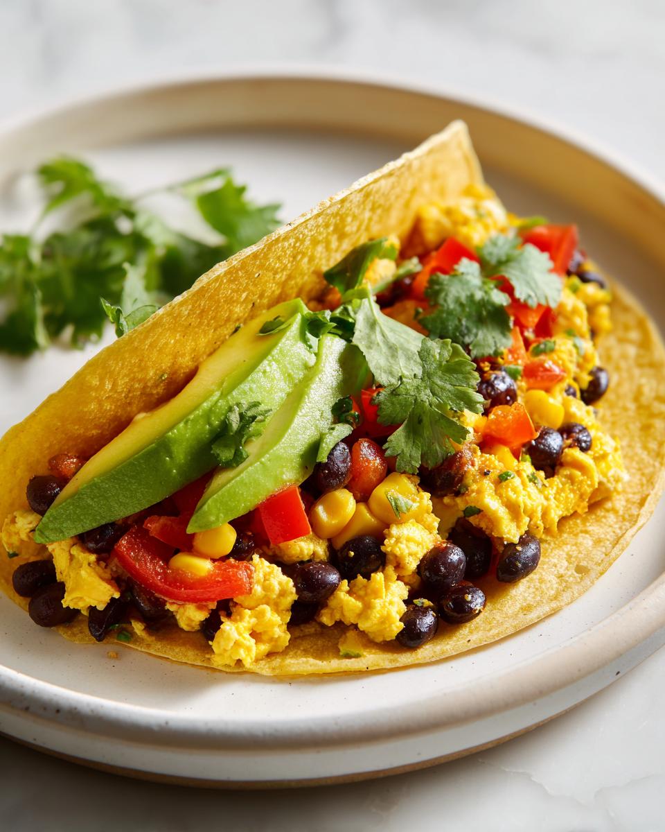 Close-up of a delicious Southwest Veggie Breakfast Taco filled with scrambled eggs, black beans, corn, peppers, and avocado.