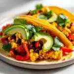 Two vibrant Southwest Veggie Breakfast Tacos filled with scrambled tofu, black beans, corn, red peppers, and topped with fresh avocado slices.