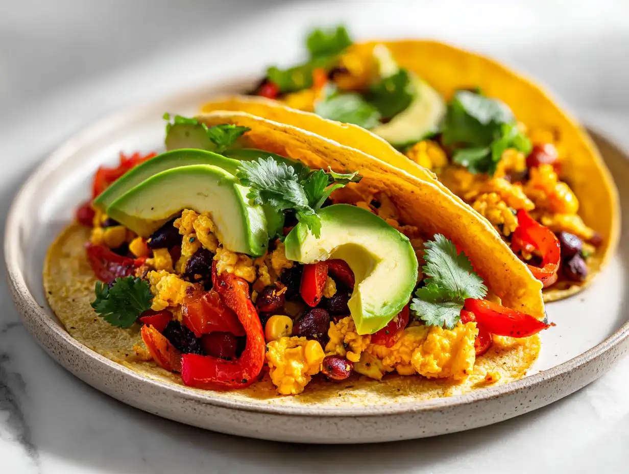 Two vibrant Southwest Veggie Breakfast Tacos filled with scrambled tofu, black beans, corn, red peppers, and topped with fresh avocado slices.