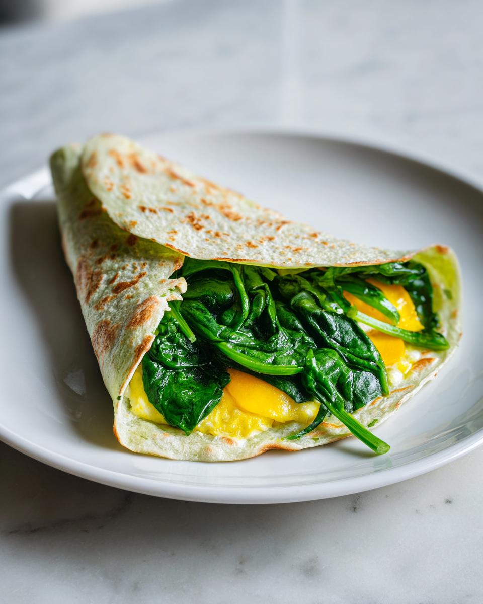 A close-up of a Spinach Egg Breakfast Tortilla Wrap filled with bright green spinach and scrambled egg, served on a white plate.