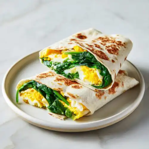 Two halves of a Spinach Egg Breakfast Tortilla Wrap stacked on a plate, showing scrambled egg and bright green spinach.