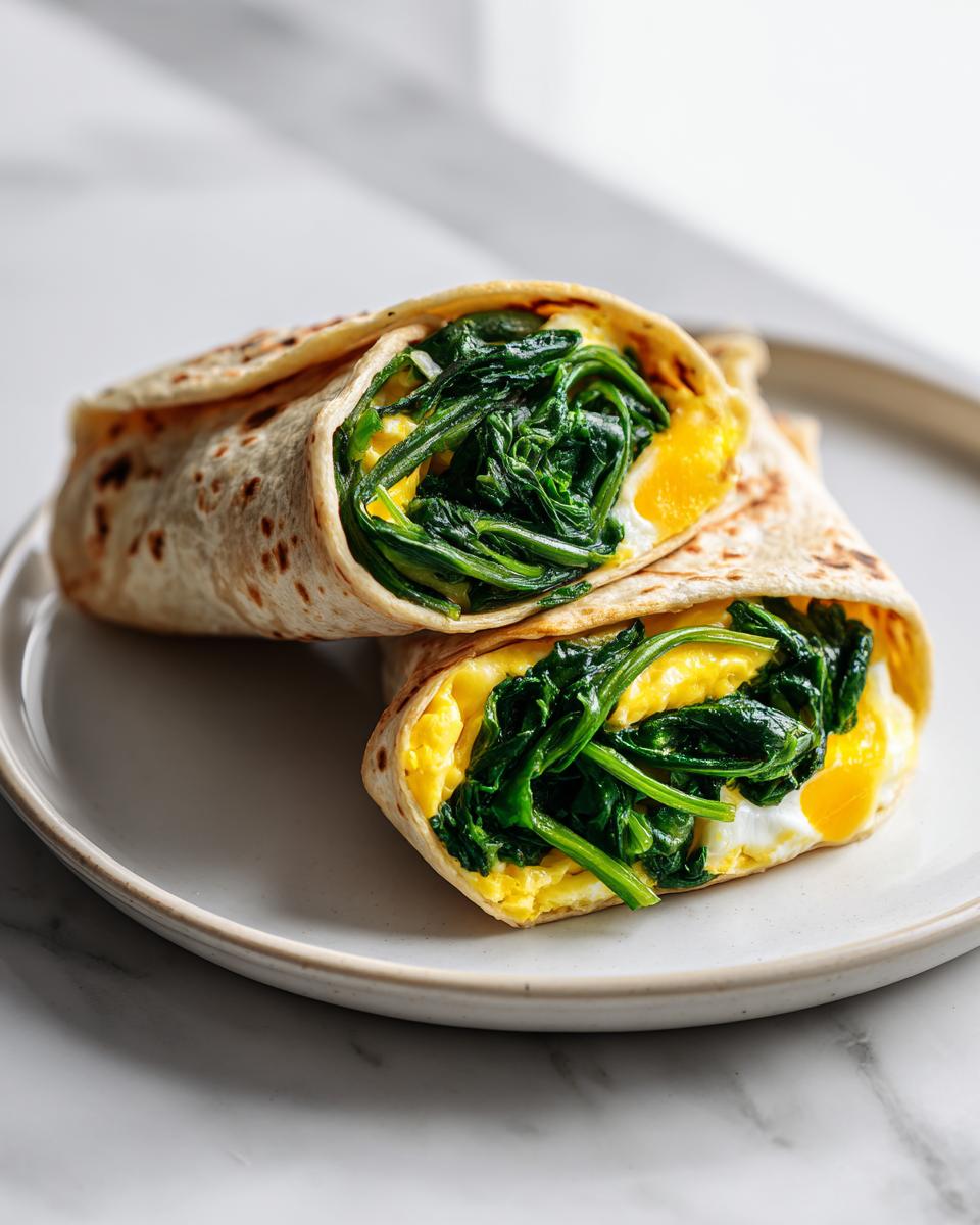Two halves of a Spinach Egg Breakfast Tortilla Wrap filled with scrambled eggs and vibrant green spinach, stacked on a light plate.