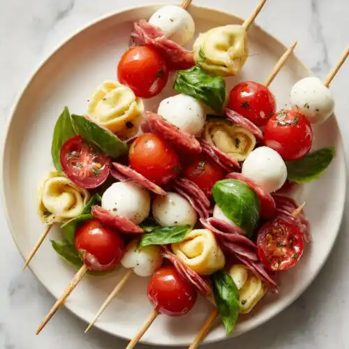 Close-up of several Tortellini Skewers with Salami, mozzarella balls, cherry tomatoes, and fresh basil on a white plate.