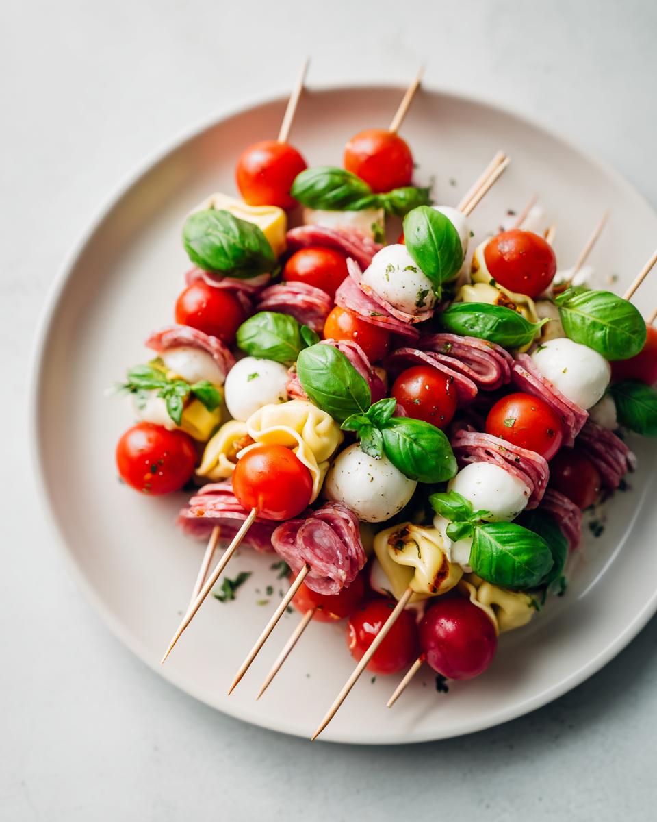 Close-up of several Tortellini Skewers with Salami, cherry tomatoes, mozzarella balls, and fresh basil on a white plate.