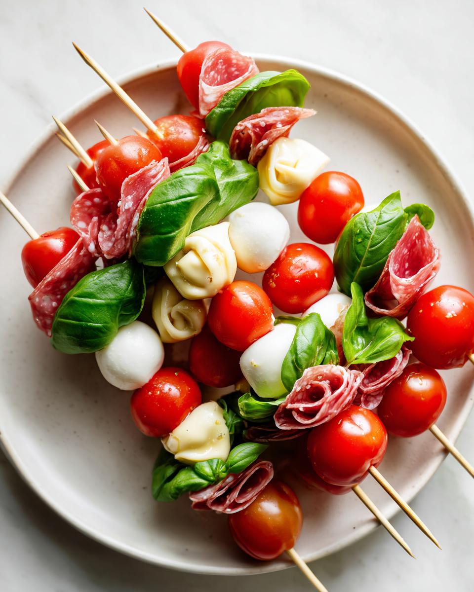 Close-up of several Tortellini Skewers with Salami, cherry tomatoes, mozzarella balls, and fresh basil leaves.
