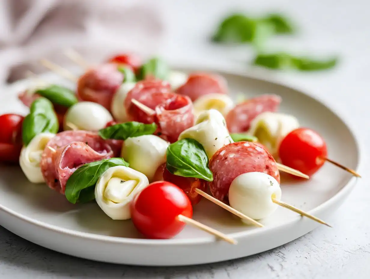 Close-up of several Tortellini Skewers with Salami, cherry tomatoes, mozzarella balls, and fresh basil on a white plate.