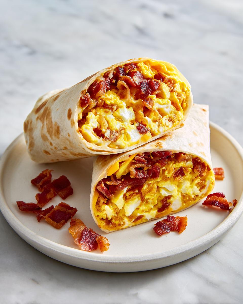 A Turkey Bacon Breakfast Burrito cut in half, revealing scrambled eggs and crispy turkey bacon inside.