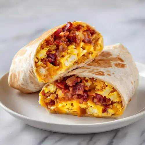 A Turkey Bacon Breakfast Burrito cut in half, showing scrambled eggs, melted cheese, and crispy turkey bacon pieces.