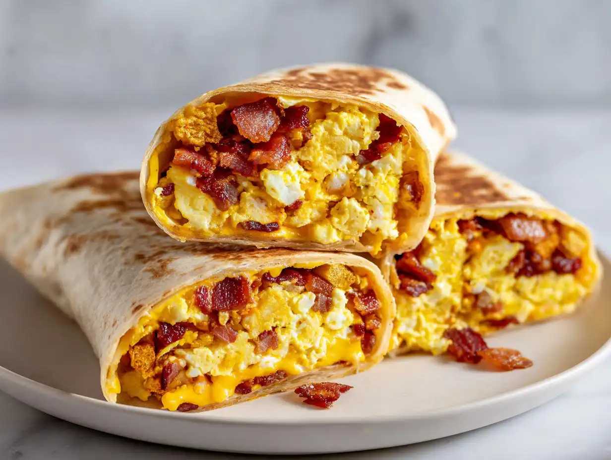 Close-up of a Turkey Bacon Breakfast Burrito cut in half, showing scrambled eggs, melted cheese, and turkey bacon pieces.