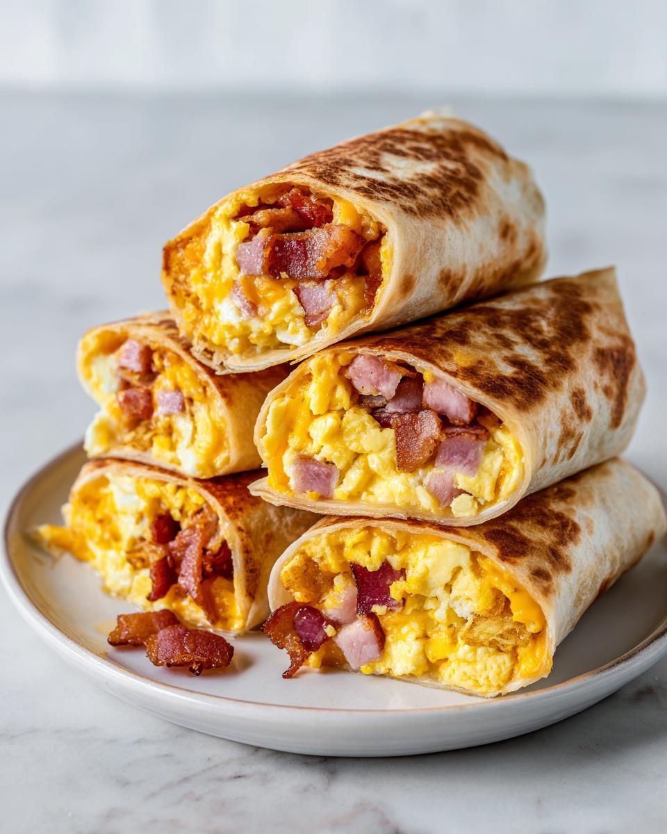 A stack of four halves of a Turkey Bacon Breakfast Burrito filled with scrambled eggs, cheese, and turkey bacon pieces.